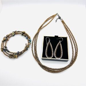 Silpada Sterling Silver & Brown Seed Bead Necklace Wrap Bracelet & Earring Set